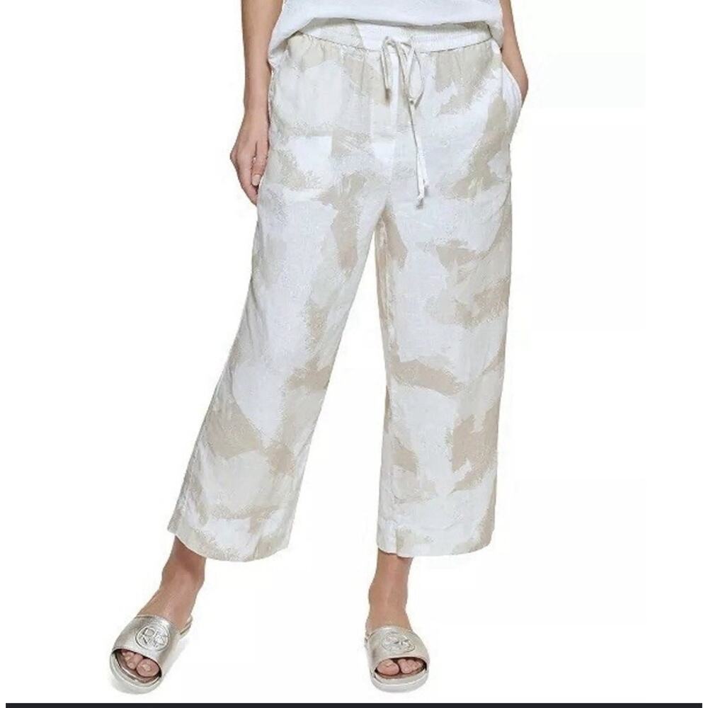 DKNY Womens Pants XL Linen Blend Wide Leg Cropped Beige Pull On Vacation Beach